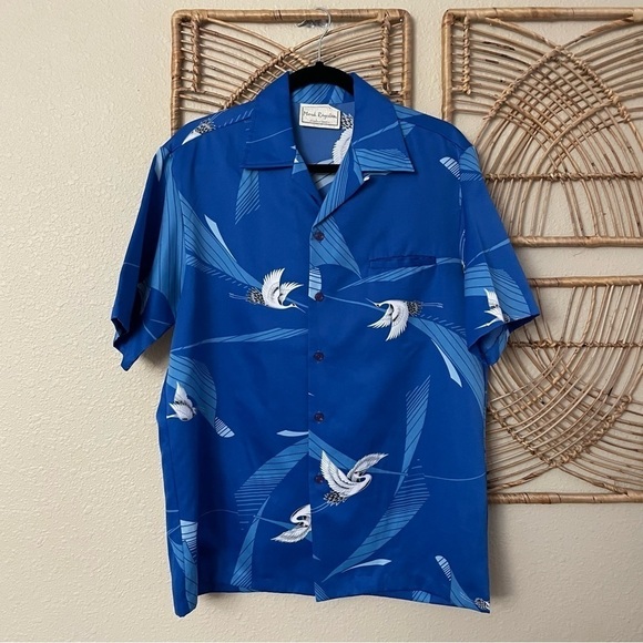 Vintage Mark Raysten Malihini Hawaiian Aloha Shirt Asian Crane Blue *see msrmts - Picture 1 of 10